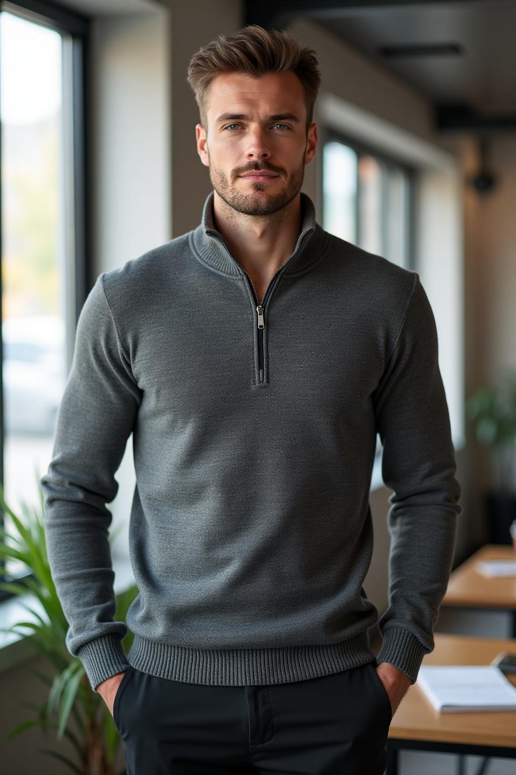 The Quarter-Zip Sweater in Grey - Lifestyle 1