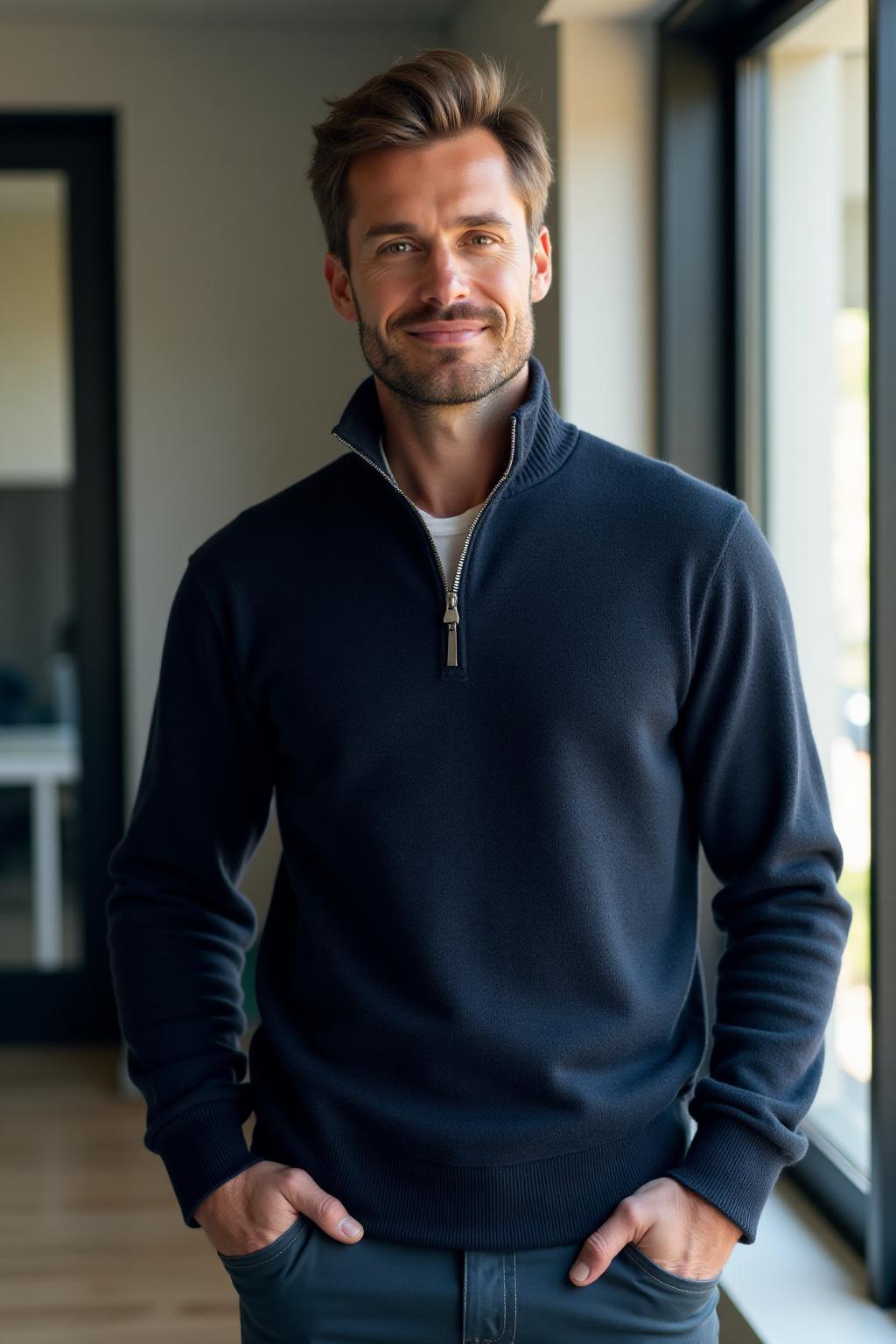 The Quarter-Zip Sweater in Navy - Lifestyle 1