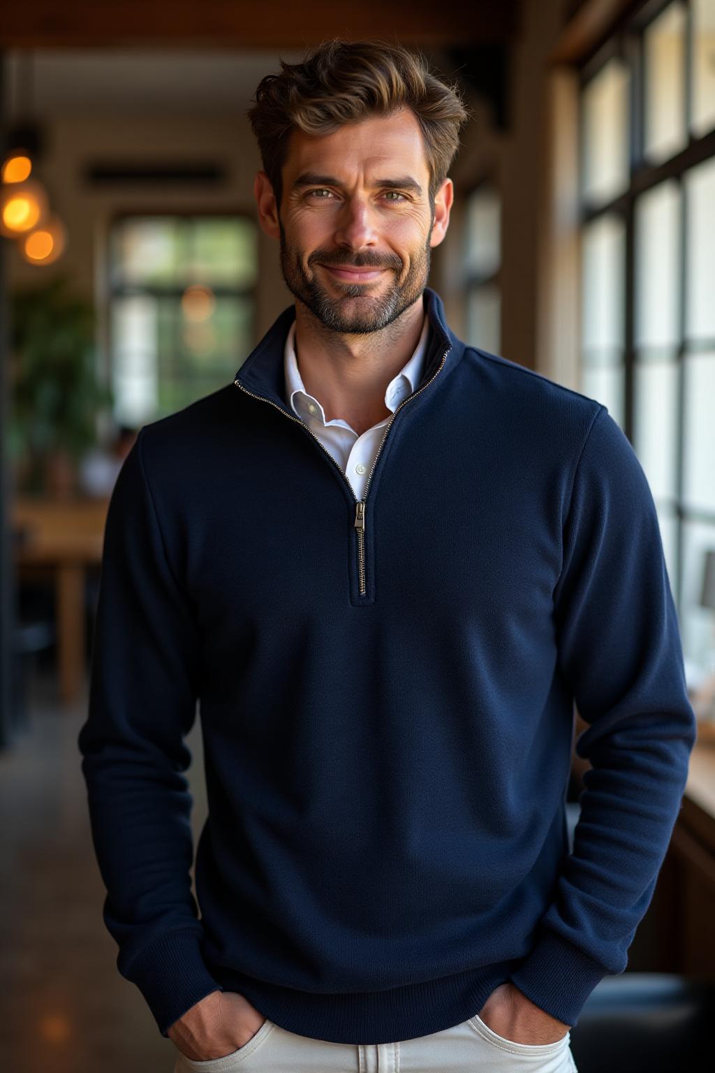 The Quarter-Zip Sweater in Navy - Lifestyle 2