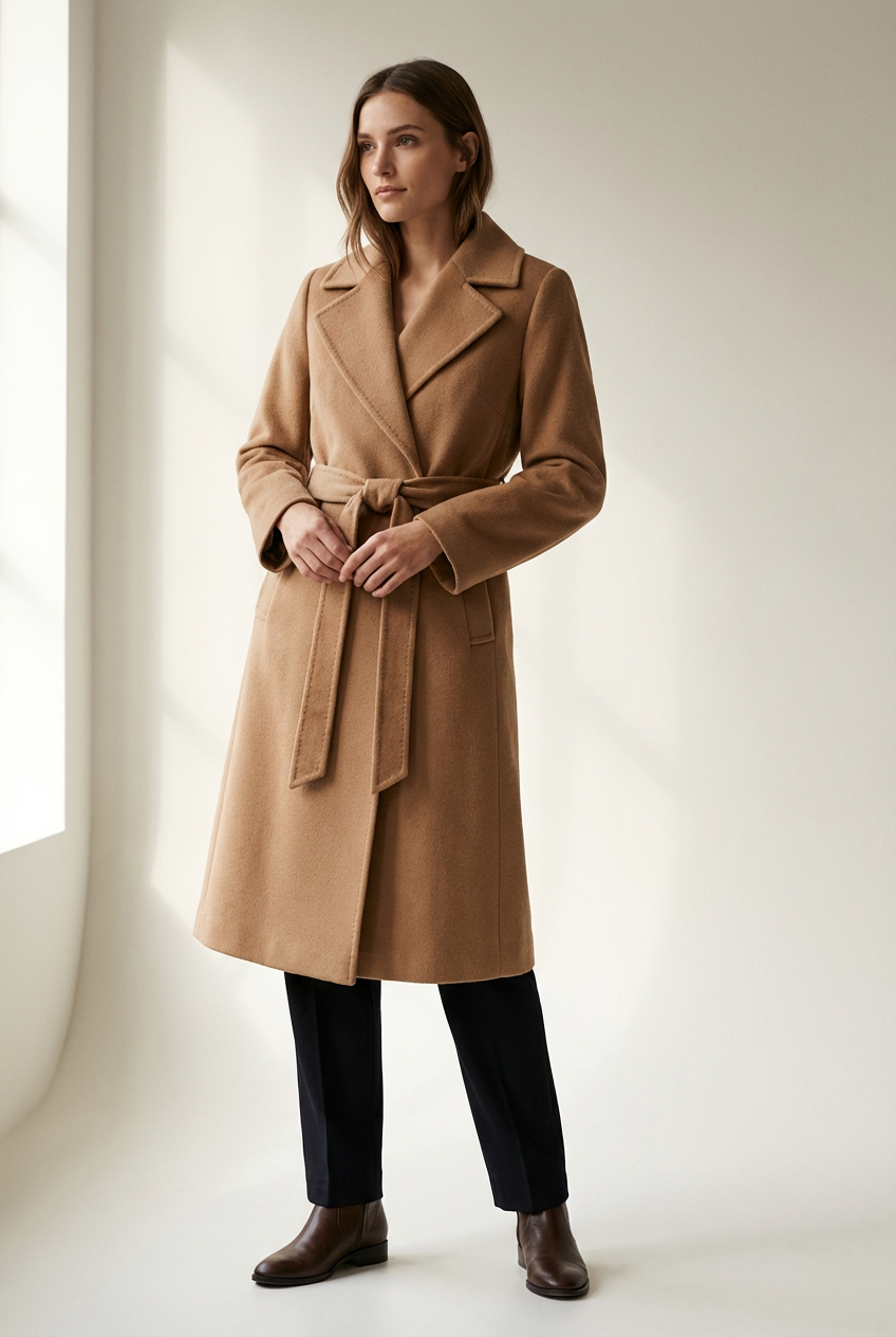 Wool Wrap Coat in Camel